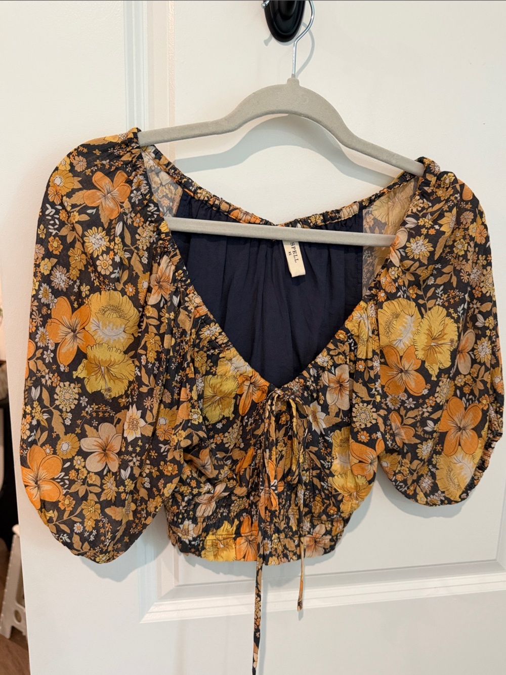 Spell Black Floral Cinch-Front Puff Sleeve Crop Top